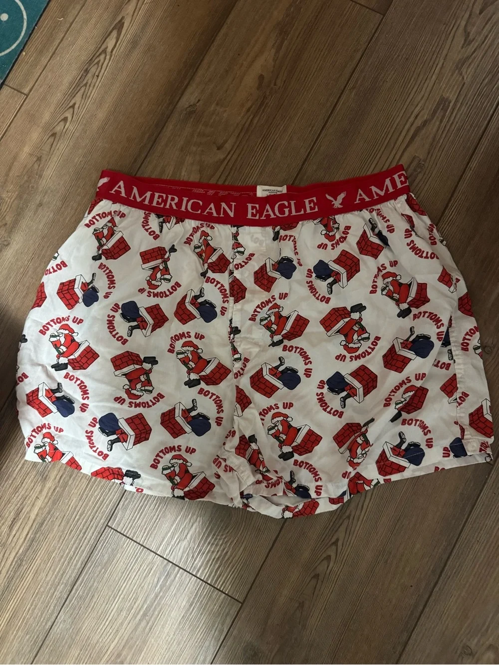 American Eagle White Boxer Shorts with Red and Navy Santa Print